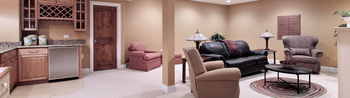 clean basement with living room and kitchen