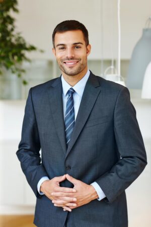 corporate portrait proud with business man office start professional career as intern company confident suit with smile formal employee workplace administration